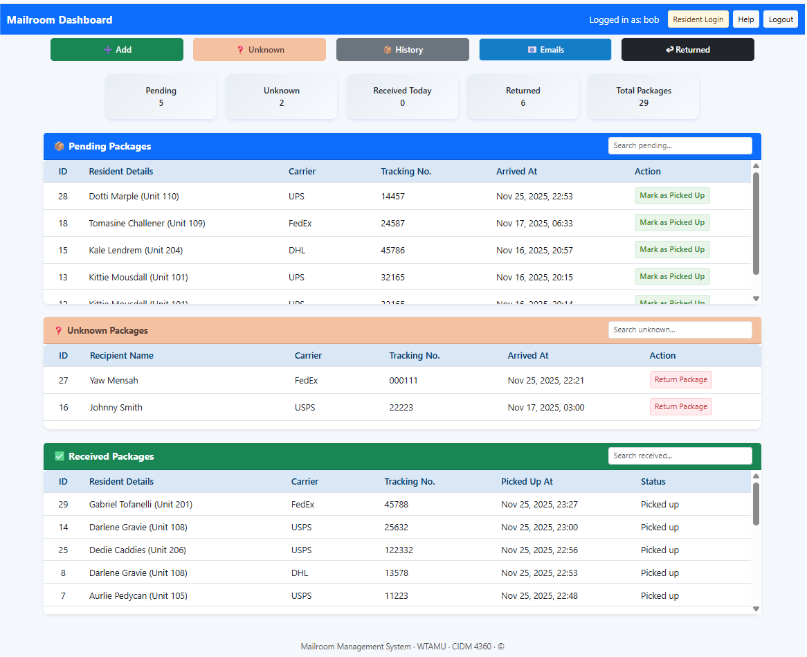 Mailroom App Dashboard